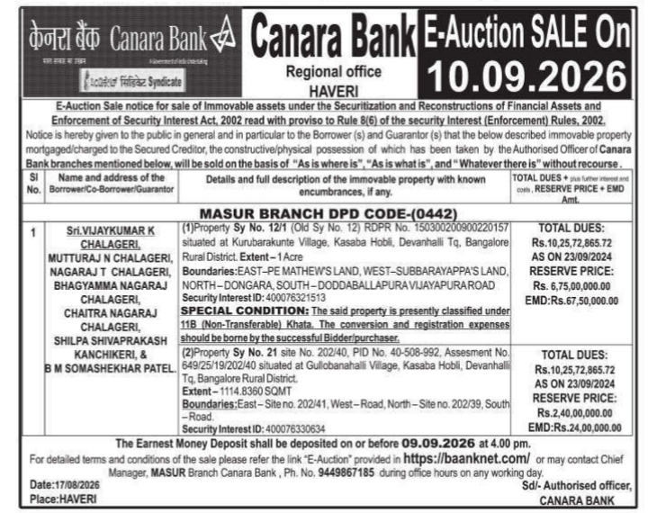 E-Auction Sale Notice for Immovable Properties by Canara Bank