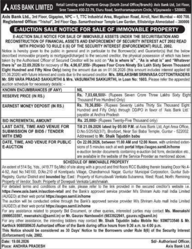 E-Auction Sale Notice for Immovable Property by Axis Bank Limited