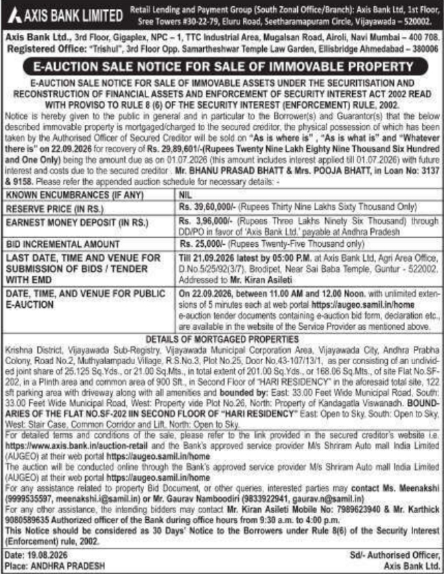 E-Auction Sale Notice for Immovable Property by Axis Bank Limited