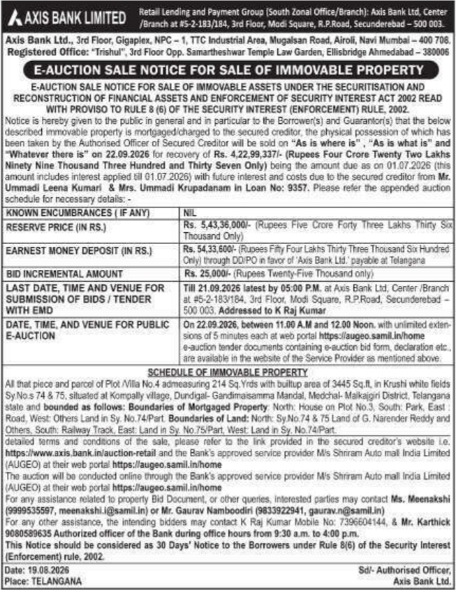 E-Auction Sale Notice for Immovable Property by Axis Bank Limited