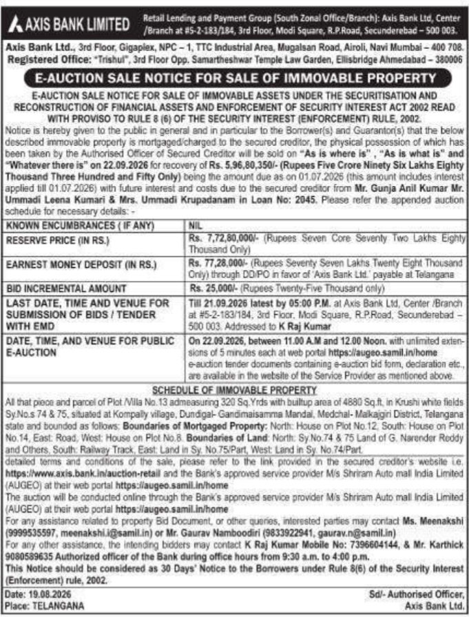 E-Auction Sale Notice for Immovable Property by Axis Bank Limited