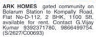 Flat for Rent: Bolarum to Kompally Road, Hyderabad