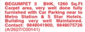 Fully Furnished 3 BHK Flat For Sale in Begumpet