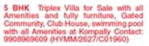Fully Furnished 5 BHK Triplex Villa For Sale in Kompally