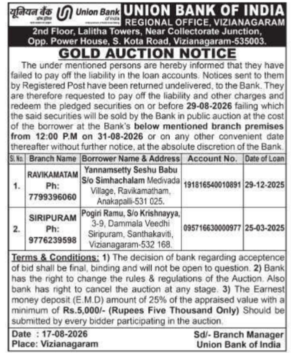 Gold Auction Notice for Loan Default by Union Bank of India