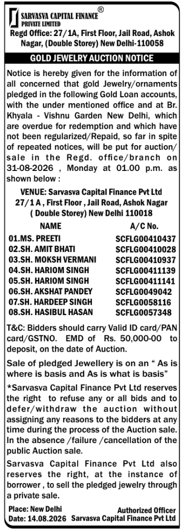 Gold Jewelry Auction Notice for Defaulted Loan Accounts by SCFPL