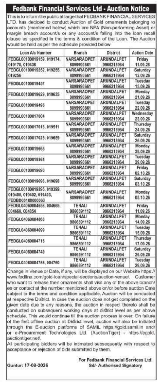 Gold Ornaments Auction Notice by Fedbank Financial Services