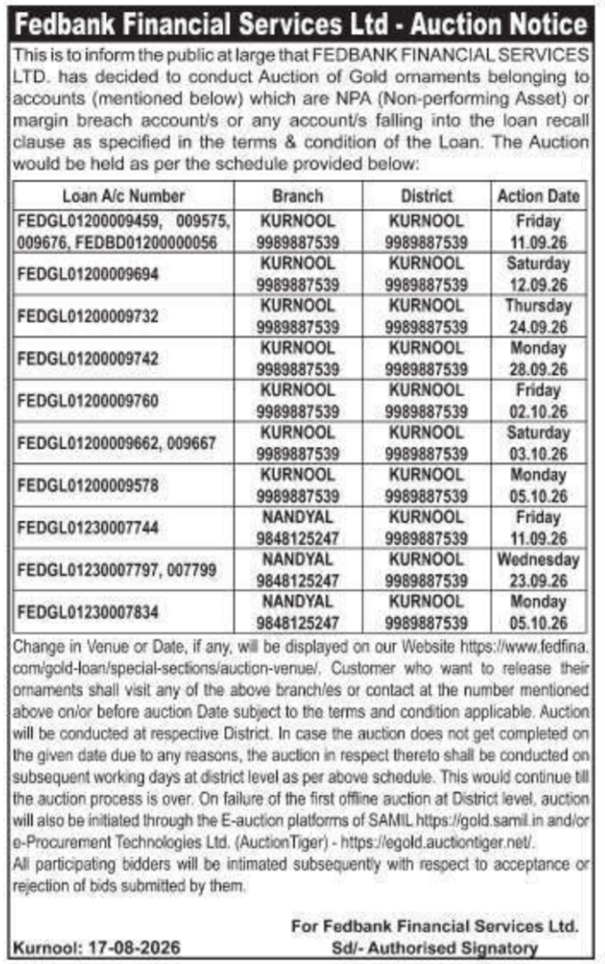 Gold Ornaments Auction Notice by Fedbank Financial Services