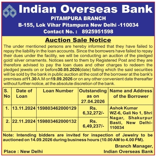 Gold Ornaments Auction Sale Notice by Indian Overseas Bank