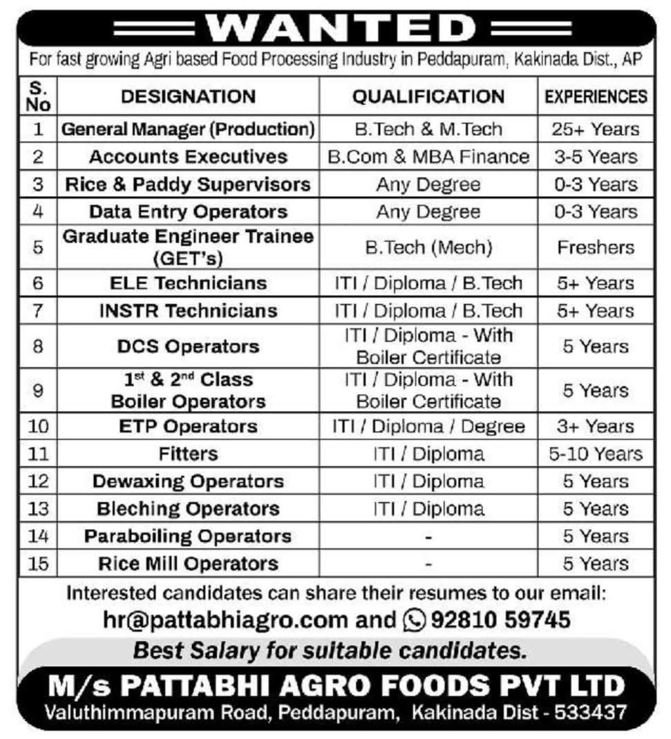 Hiring For Multiple Roles at Pattabhi Agro Foods Pvt Ltd