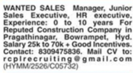 Hiring For Reputed Construction Company