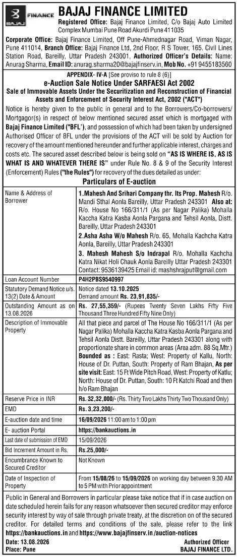 Immovable Residential Property E-Auction Sale Notice by BFL