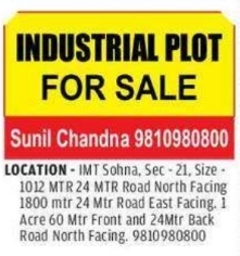 IMT Sohna Sec-21 Industrial Plots For Sale