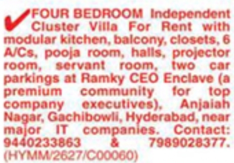 Independent Cluster Villa For Rent