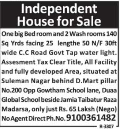Independent House for Sale: Suleman Nagar, Hyderabad