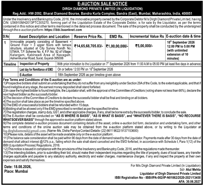 Liquidation Estate Immovable Property E-Auction Notice by Dirgh Diamond