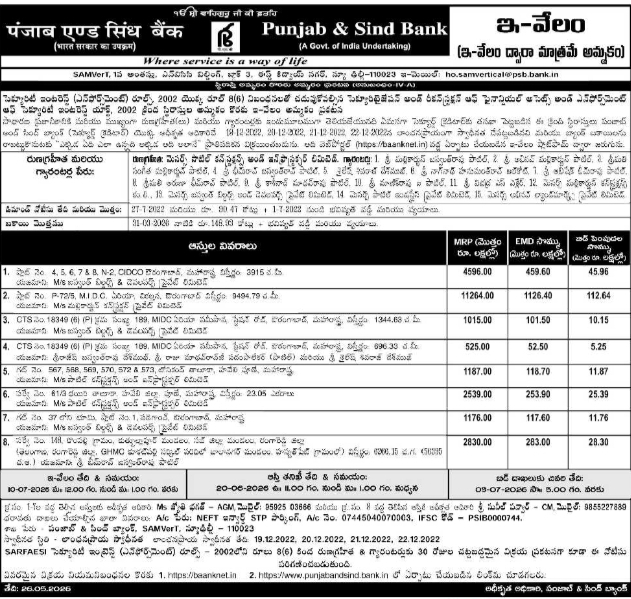 Mega E-Auction Notice: Punjab & Sind Bank NPA Property Sale
