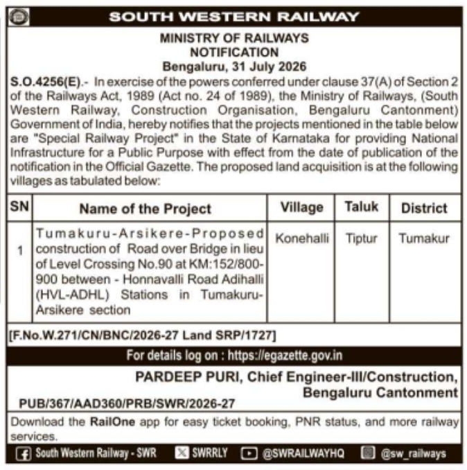 Ministry of Railways Project Land Acquisition Notification by South Western Railway