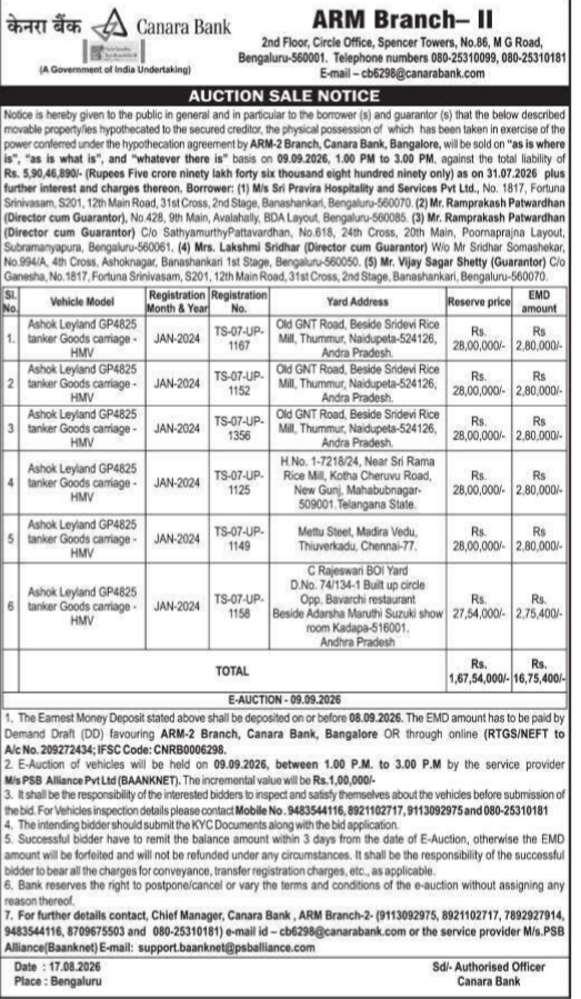 Notice for Sale of Vehicles by E-Auction by Canara Bank