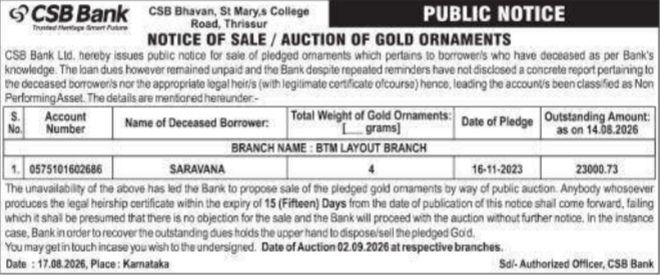 Notice of Public Auction of Gold Ornaments by CSB Bank