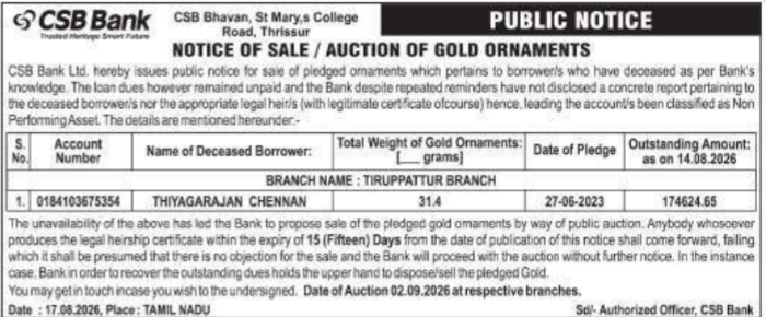 Notice of Public Auction of Gold Ornaments by CSB Bank