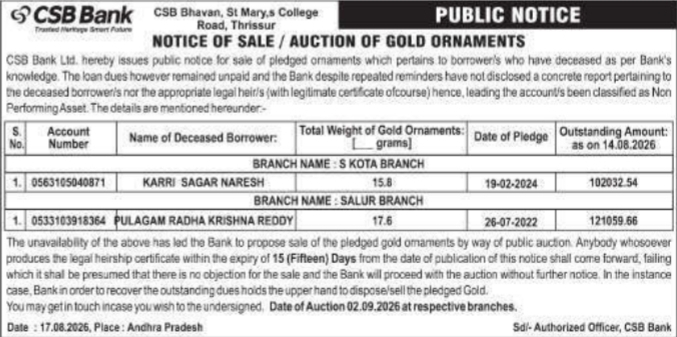 Notice of Sale / Auction of Gold Ornaments by CSB Bank