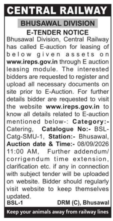 Online E-Auction Notice for Catering Asset Leasing by Central Railway