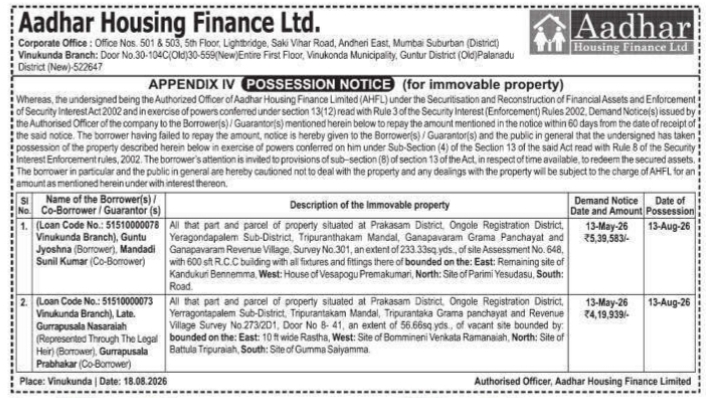Possession Notice for Immovable Properties by Aadhar Housing Finance Ltd