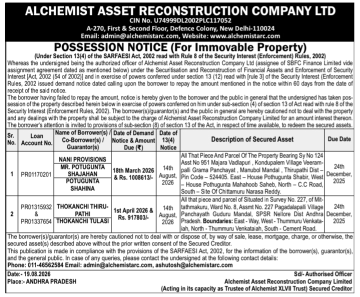 Possession Notice for Immovable Properties by Alchemist Asset Reconstruction Company Ltd.