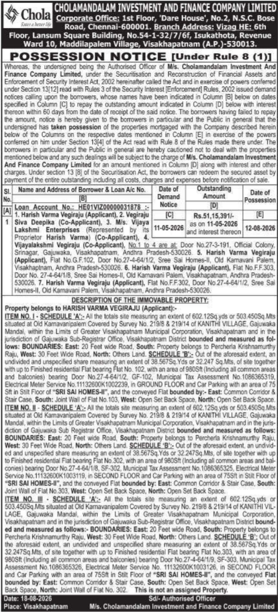 Possession Notice for Immovable Properties by Chola