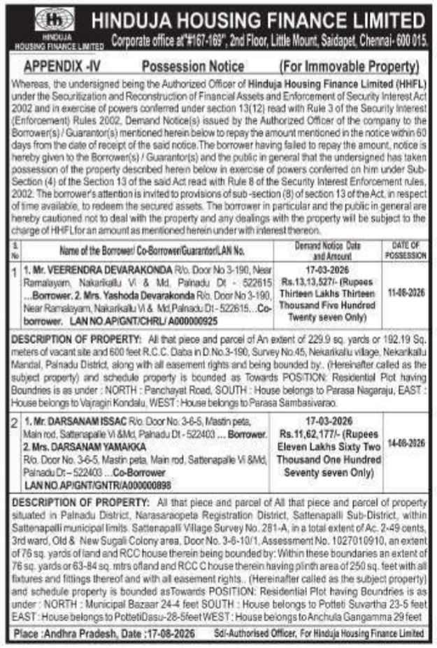 Possession Notice for Immovable Properties by Hinduja Housing Finance Limited