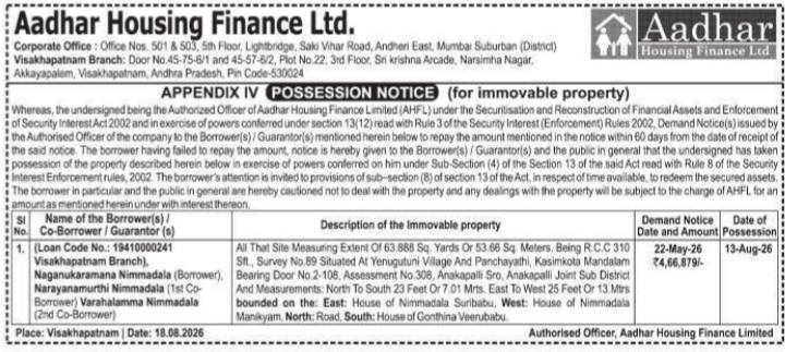 Possession Notice for Immovable Property by Aadhar Housing Finance Ltd