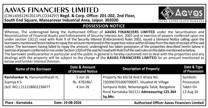 Possession Notice for Immovable Property by Aavas Financiers Limited