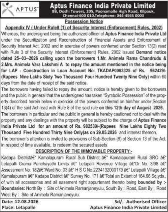 Possession Notice for Immovable Property by Aptus Finance India