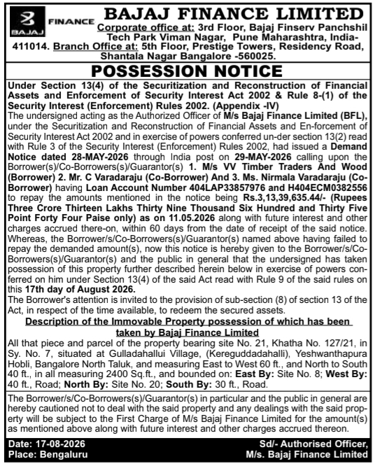 Possession Notice for Immovable Property by Bajaj Finance Limited