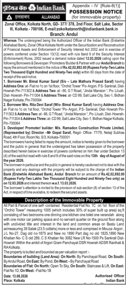 Possession Notice for Immovable Property by Indian Bank
