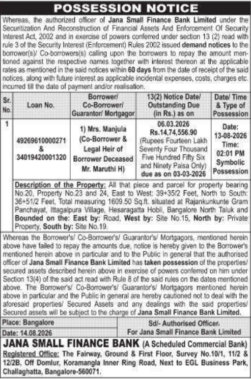 Possession Notice for Immovable Property by Jana Small Finance Bank