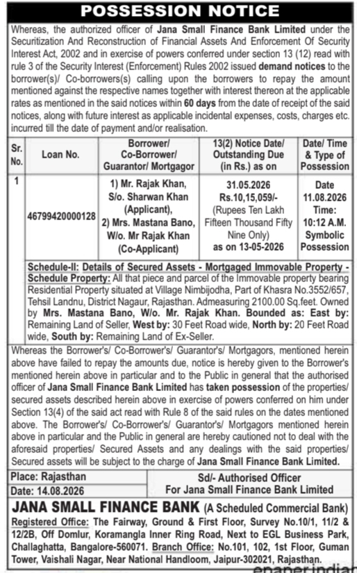 Possession Notice for Immovable Property by Jana Small Finance Bank