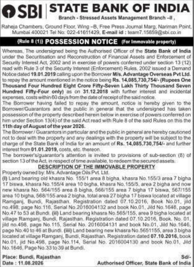 Possession Notice for Immovable Property by SBI