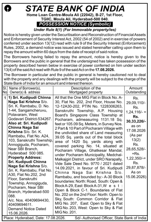 Possession Notice for Immovable Property by State Bank of India