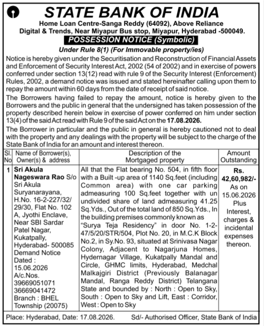 Possession Notice for Immovable Property by State Bank of India