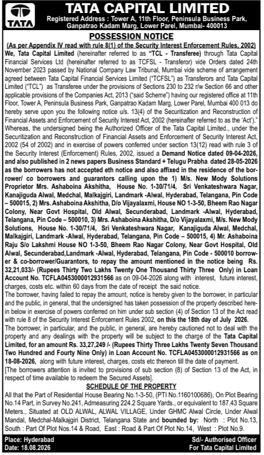 Possession Notice for Immovable Property by Tata Capital Limited