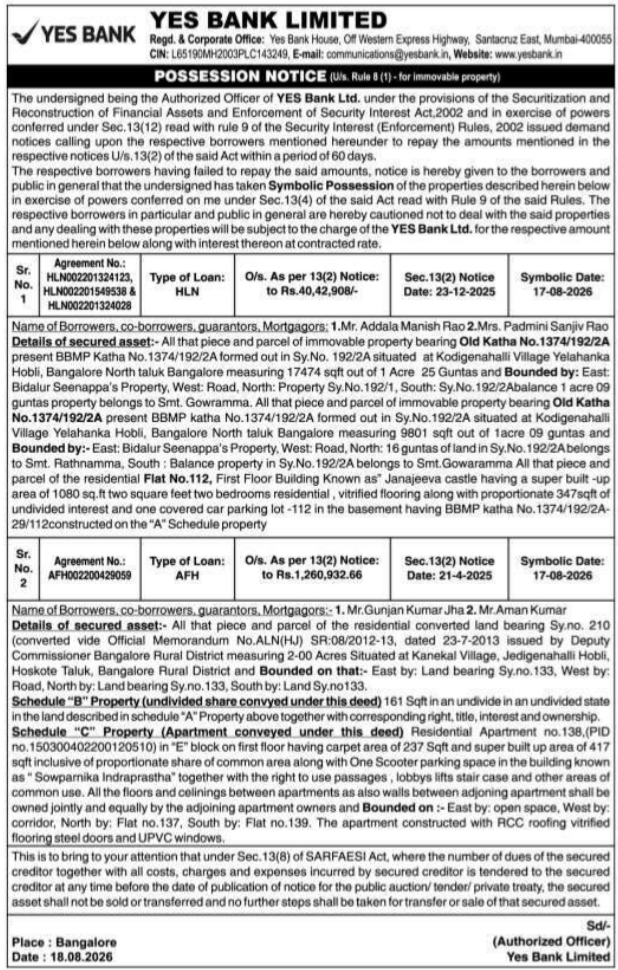 Possession Notice for Multiple Immovable Properties by YES Bank Limited