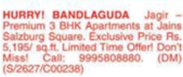 Premium 3 BHK Apartments for Sale at Jains Salzburg Square, Bandlaguda Jagir