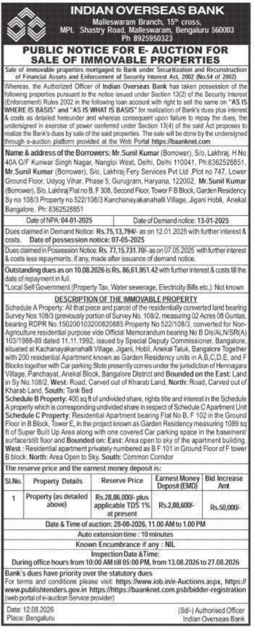Property E-Auction Sale Notice by Indian Overseas Bank