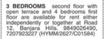 Property for Rent: 3 BHK & 4 BHK Floors at Banjara Hills