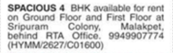 Property for Rent: Spacious 4 BHK at Malakpet