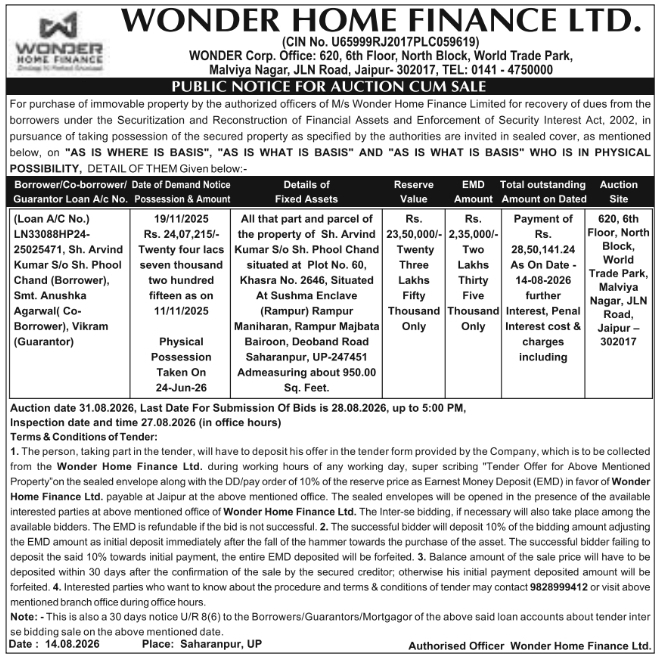 Public Auction Notice for Immovable Asset by Wonder Home Finance Ltd
