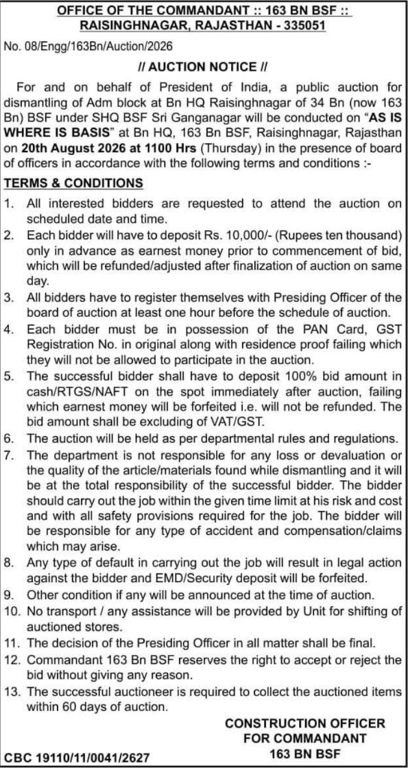 Public Building Dismantling Auction Notice by 163 BN BSF