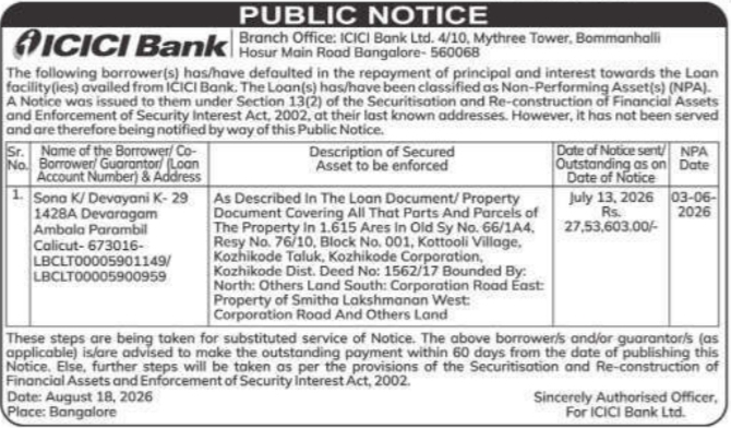 Public Notice for Loan Default Foreclosure by ICICI Bank